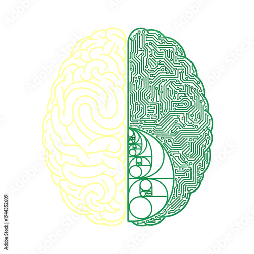 Conceptual illustration of human brain halves: organic creative thought vs. logical technology circuit board. Mind duality.