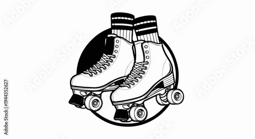Black and white illustration of roller skates with striped socks inside a circle