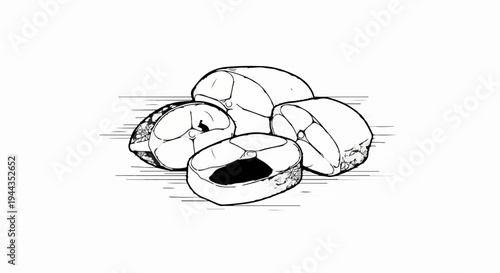 Black and white illustration of stacked fish steaks on a lined background