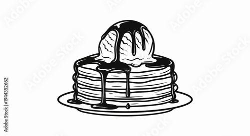 Black and white illustration of stacked pancakes with ice cream and chocolate syrup