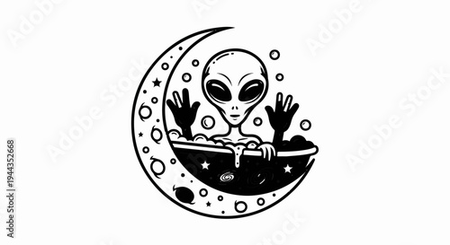 Alien in a bubble bath inside a crescent moon with stars and galaxies