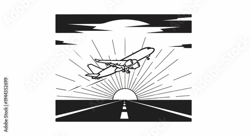 Airplane ascending over runway with sunburst