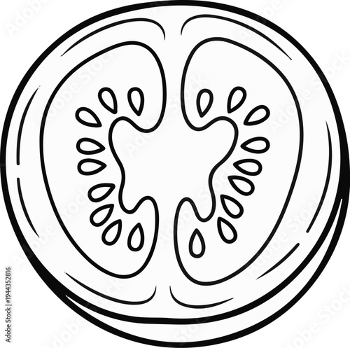 Black and white line art drawing of a sliced tomato, showing seeds and pulp