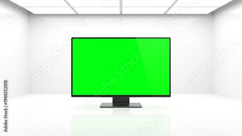 Minimalist Studio with Green Screen Displays for Dynamic Content Creation and Presentation
