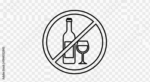 Black and white line art icon of a bottle and glass with a prohibition circle
