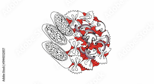 Arrangement of pasta, mushrooms, onions and sausage pieces on white