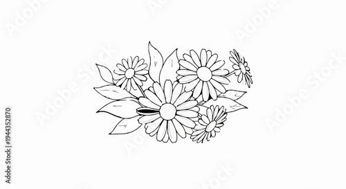 Black and white line art of a cluster of daisy-like flowers and leaves