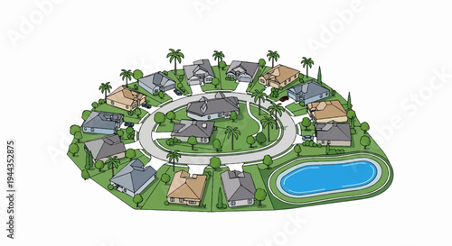 Aerial view of a circular neighborhood with houses, trees, and a pond