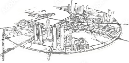 Aerial sketch of a modern city with skyscrapers and curving roads
