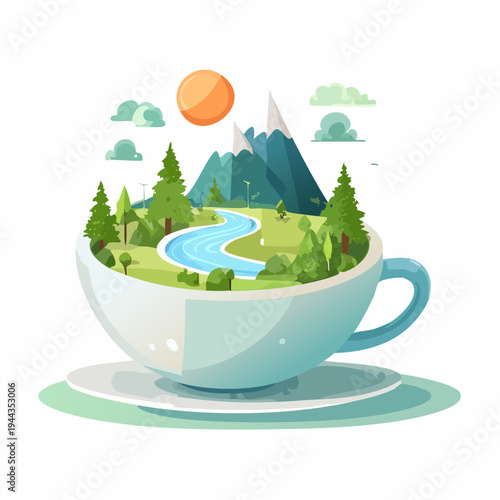 A whimsical vector illustration of a teacup filled with a lush miniature forest, complete with a winding river, trees, and a mountain range under a sunny sky with clouds, all in a flat design style.