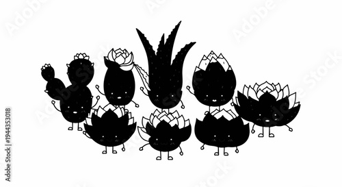 Adorable cartoon succulents and cacti with smiling faces and waving arms