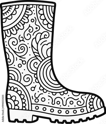 Black and white line art boot adorned with intricate patterns and doodles
