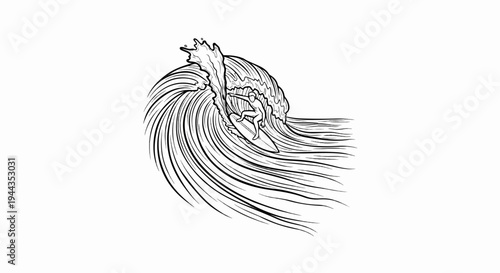 Black and white line art of surfer riding a crashing wave