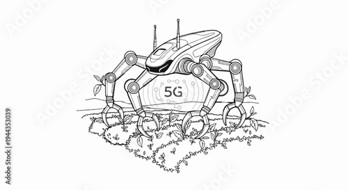 Advanced robot tending to crops in a field, showcasing agricultural technology