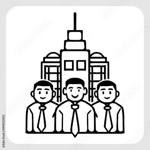 Professional Business Team Standing in Front of Office Building Illustration in Hand Drawn Black Line Art.