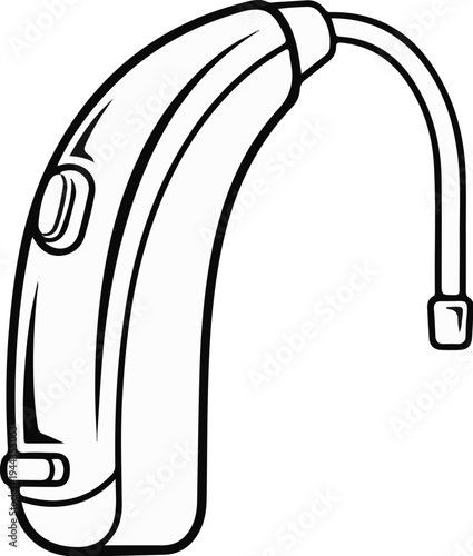 Black and white line drawing of a behind-the-ear hearing aid