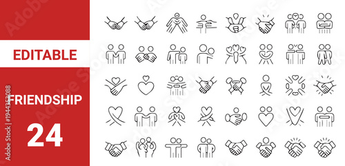 Friendship icon set. Editable line icons.Friendship web icons in line style. Interaction, friend, relationship, mutual assistance, social responsibility, buddy,