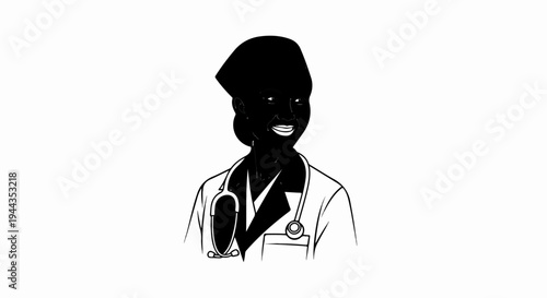 Black and white illustration of a smiling woman in a doctor's coat with a stethoscope