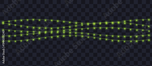 Three delightful rows of vibrant green glowing fairy lights sparkle brightly against a dark