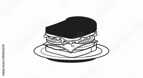 Black and white illustration of a stacked sandwich with cheese, lettuce, and tomato on a plate