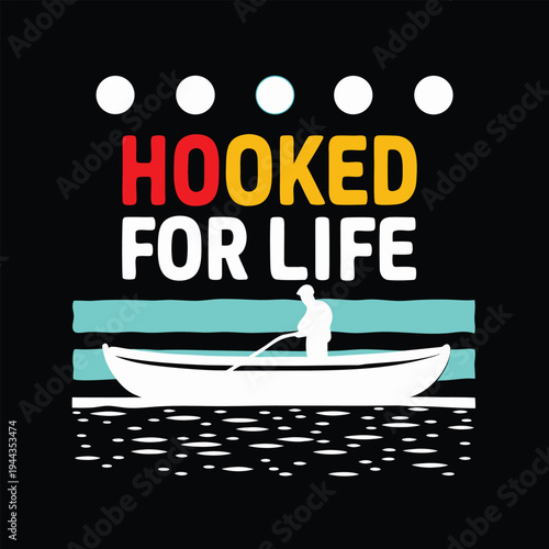 Fisherman silhouette rows his white boat across tranquil blue waters in art