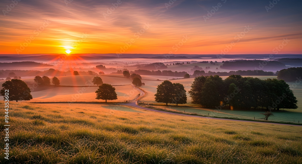 Fototapeta premium A serene sunset over a tranquil landscape with scattered trees and a calm horizon