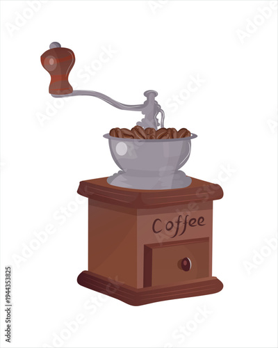 Vintage manual coffee grinder vector. Retro wooden coffee mill with beans for cafe logo or kitchen decor isolated on white.