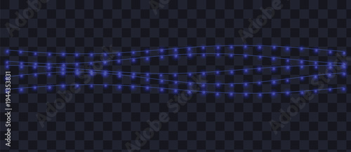 Three elegant strings of glowing blue holiday lights sparkle festively against a dark transparent backdrop