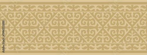 Kazakh national endless golden ornament. Ethnic pattern. Border reflecting nomadic culture. Suitable for design and textiles.