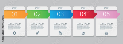 Five Steps Business Infographic Timeline Template with Colorful Arrow Banners. Clean vector layout with numbered process stages for workflow, presentation