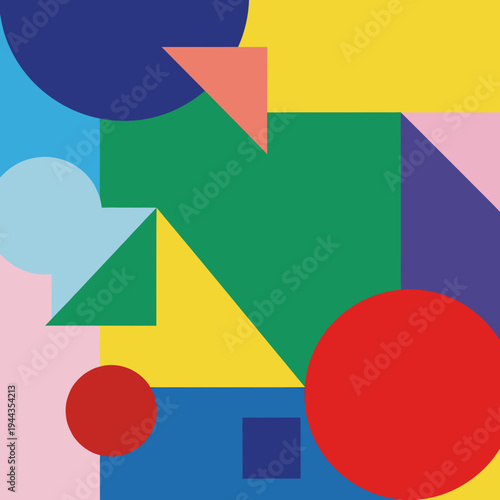 Abstract geometric composition with vibrant primary and secondary colors, featuring circles, squares, and triangles arranged in a dynamic pattern.