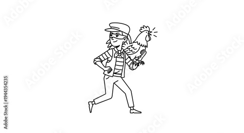 Cartoon thief girl running with a rooster, black and white line art