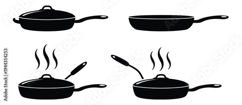 Frying Pan Icons Minimal Black Kitchen Cookware Illustration