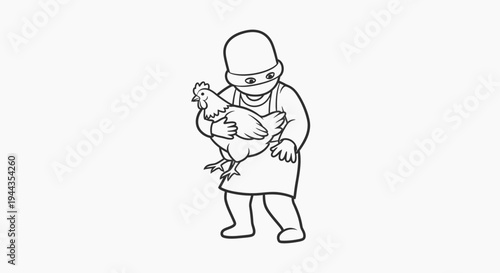 Chef Holding Chicken, Farm to Table Concept, Line Art Illustration