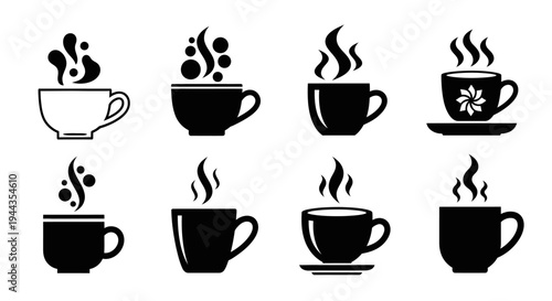 Set of eight coffee cup icons featuring various designs, some with abstract steam elements, ideal for cafes, menus, or beverage-related branding