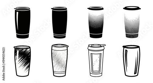 Variety of eight travel tumblers and reusable cups, showcasing diverse textures including halftone, scratch, and line art