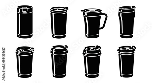 Collection of eight sleek black travel mugs and tumblers with lids, showcasing diverse designs for hot and cold beverages on the go