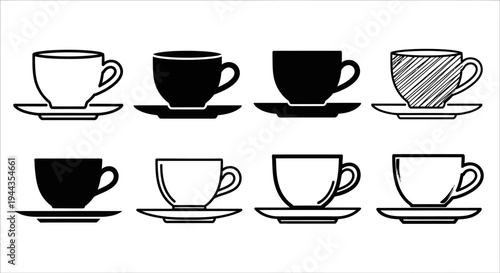 Assortment of eight coffee cups with saucers, featuring both solid black and outline designs, one with a unique textured pattern