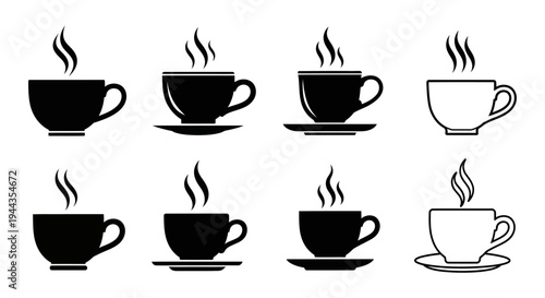 Set of black coffee cup icons with steam isolated on white background flat vector illustration collection for cafe menu design and break breakfast
