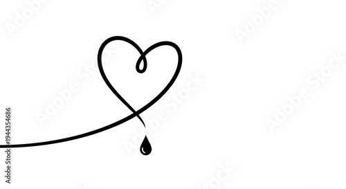Single Line Heart with Droplet, Minimalist Love Symbol, Broken Heart Concept