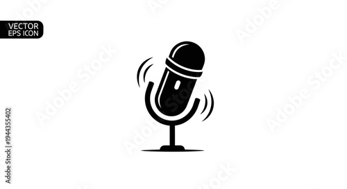 Retro Microphone Icon, Vintage Audio Recording Equipment, Sound Wave Symbol