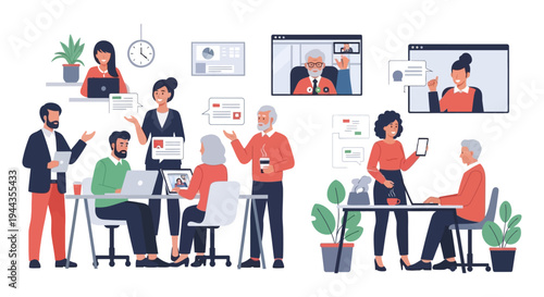 Diverse Business Team Collaboration in Modern Hybrid Workplace, Featuring In-Person Meetings, Remote Work, and Video Conferencing for Digital Communication