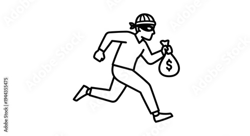 Running thief with money bag, crime, robbery, theft, criminal, illustration