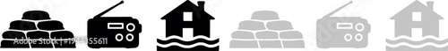 Vector icons of bricks, radio, house on water, and clouds in various styles and patterns