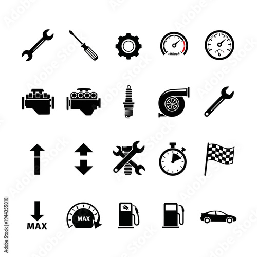 Black icons of car service tools.