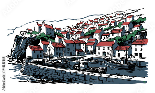 Coastal village retreat. Seaside harbor artwork. Nautical vintage travel print design. Mediterranean fishing port graphic.