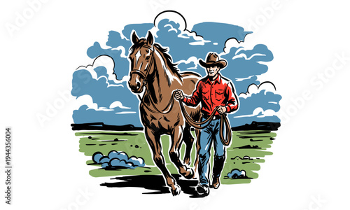 Wild West life. Cowboy and horse vintage graphic. Frontier adventure, western heritage, ranch lifestyle print design for poster, sticker and apparel.