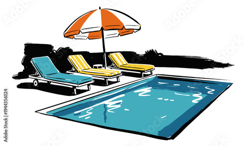 Summer pool club. Endless vacation vibes. Tropical resort artwork. Lounge by the water design. Relaxing pool day graphic print.