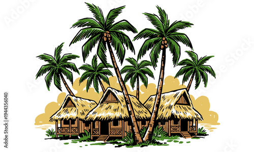 Tropical island retreat. Beach club aesthetic. Endless summer getaway. Exotic bungalow print design for t-shirt, sticker, and poster art.