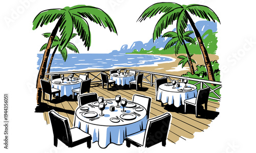 Seaside dining club. Tropical sunset lounge artwork. Ocean view terrace graphic print. Exotic island getaway design.